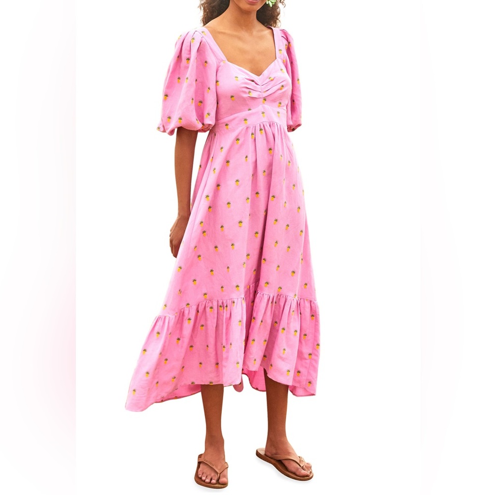 Farm Rio Embroidered Pineapples Midi Sweetheart Dress